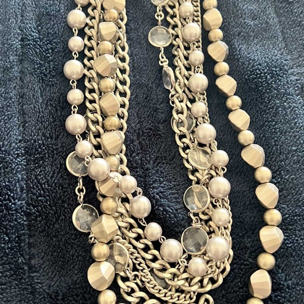 LOFT Silver Chunky Multi-Strand Necklace w/Crystals - 16 - 19 inches adjustable